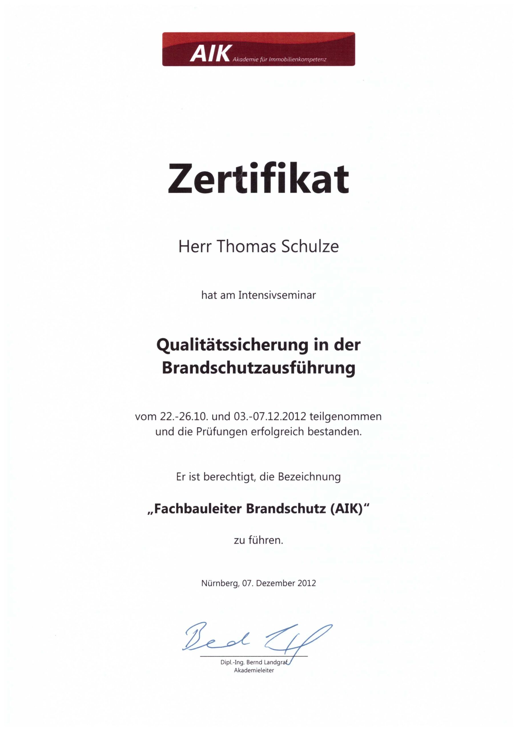 Zertifikat Qualitätssicherung in der Brandschutzausführung